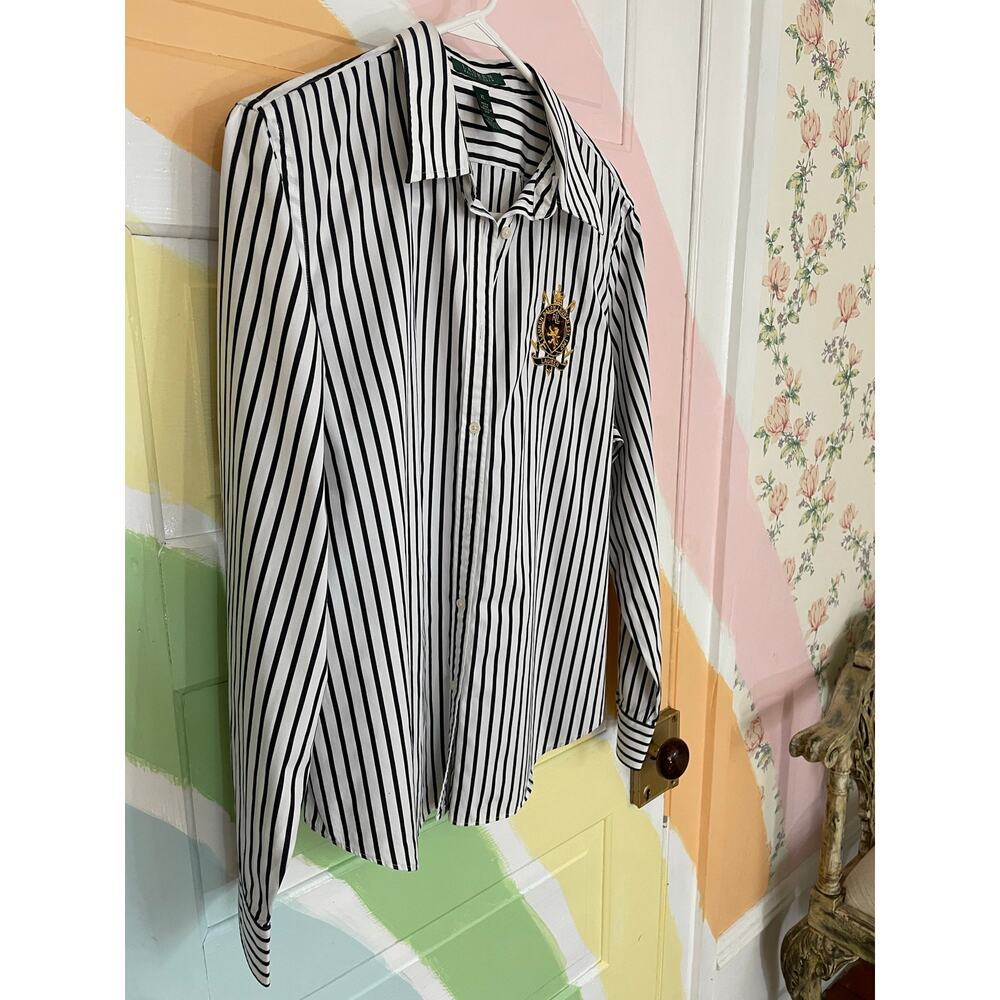 Lauren Ralph Lauren Striped Button Shirt XL Crest Logo Cotton Preppy - Picture 2 of 8